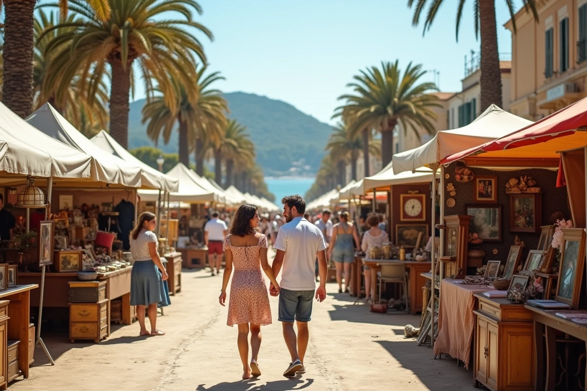 Vue panoramique d'une grande foire brocante en bord de mer dans les Alpes-Maritimes avec de nombreux visiteurs