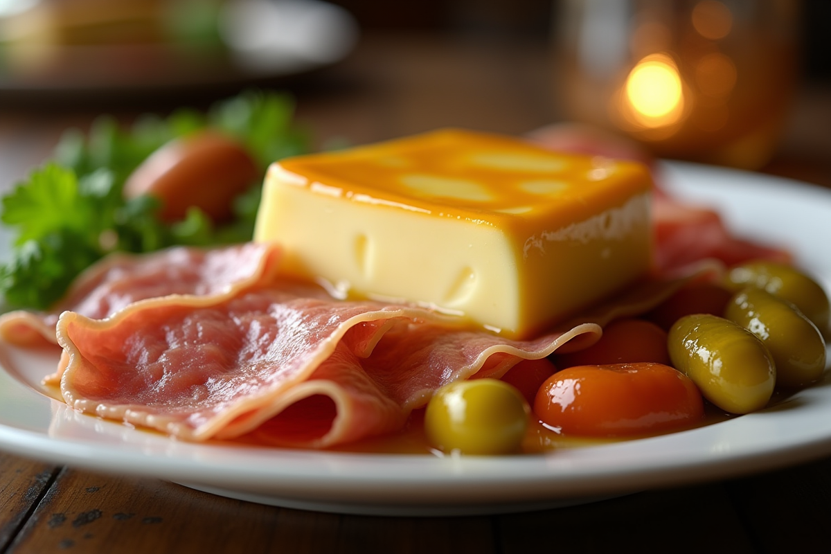 Gros plan sur fromage raclette fondu avec viandes et légumes