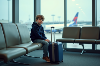 Garçon de 12 ans assis seul à l'aéroport avec valise