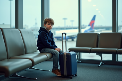 Garçon de 12 ans assis seul à l'aéroport avec valise