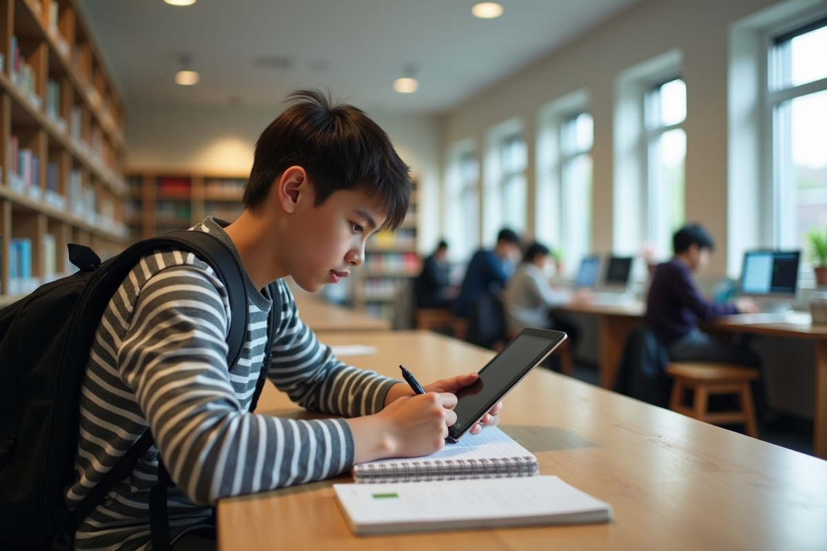 Garçon de 17 ans utilise une tablette dans une bibliothèque scolaire