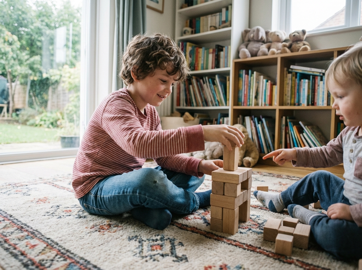 Garçon de huit ans jouant avec des blocs de construction dans un salon chaleureux
