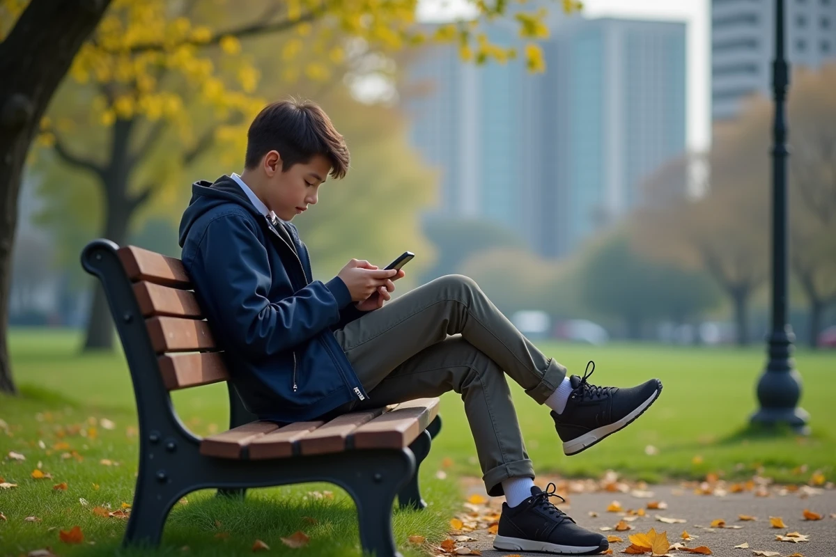 Adolescent lisant manga sur un banc dans un parc urbain