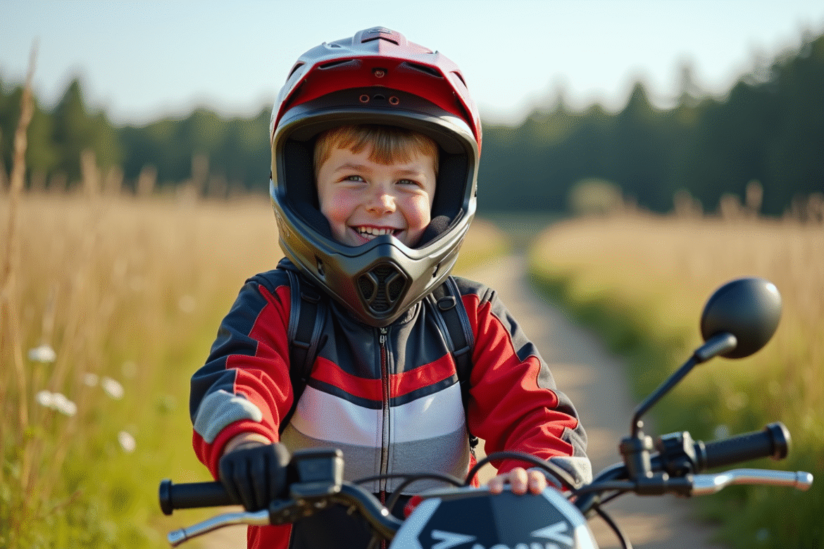 Jeune garçon de 15 ans en tenue motocross avec casque et moto