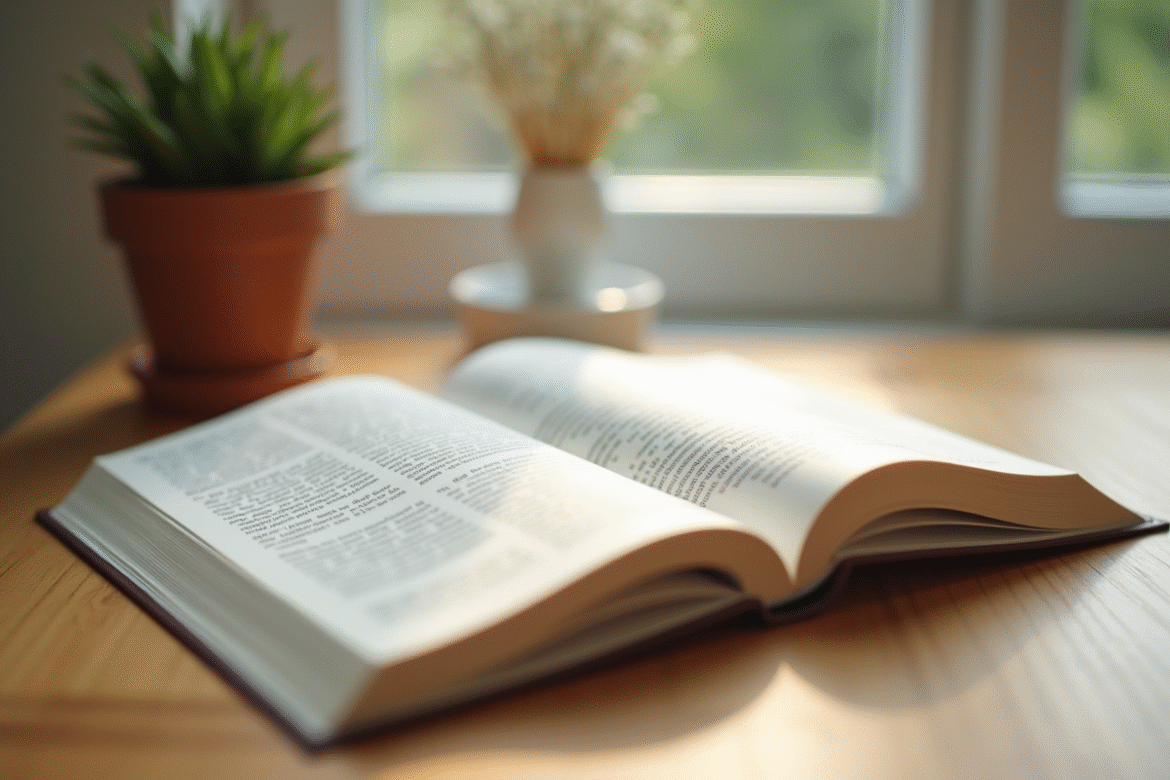 Livre de grammaire française ouvert sur un bureau lumineux
