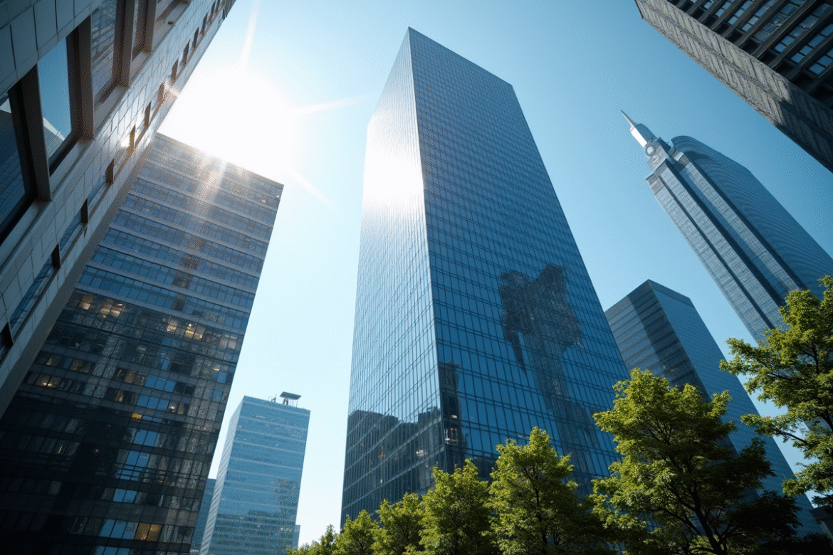 Tour moderne dans la ville vue de bas avec détails architecturaux