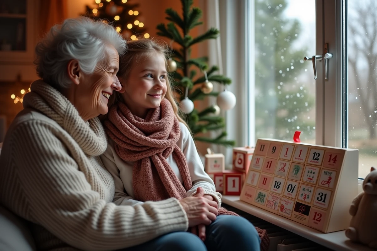 Grand-mère et petite fille ouvrant calendrier de l