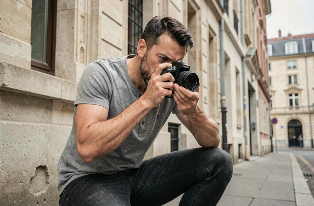 Photographe masculin en action dans une rue de Reims, capturant une session photo en extérieur pour Greg Parisi Photographe