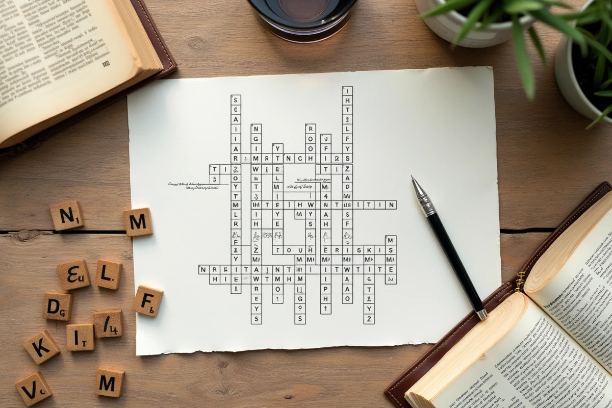 Vue aérienne d'une grille de mots croisés remplie à la main, entourée de tuiles Scrabble et d'un dictionnaire français ouvert