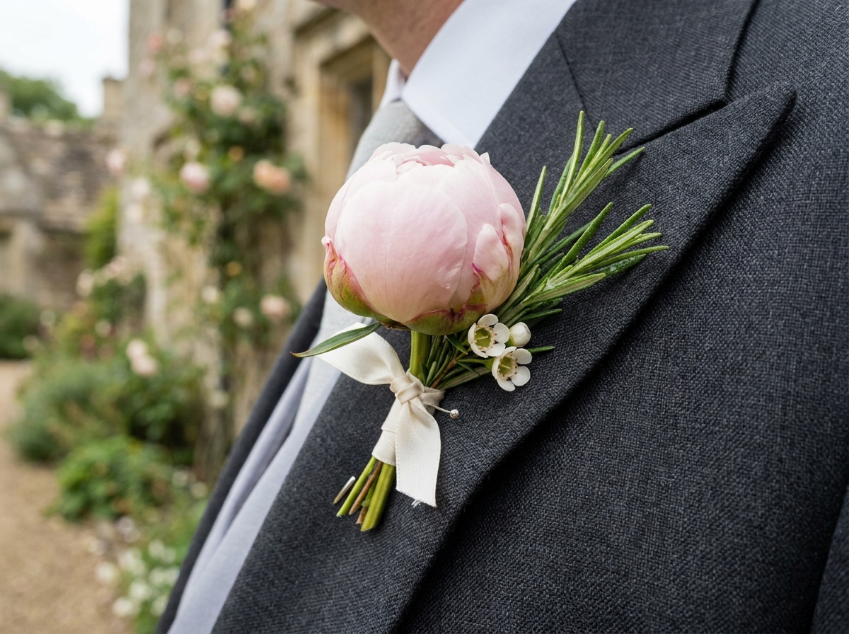 Gros plan d'une boutonnière de mariage en pivoine blush et romarin épinglée sur un costume gris anthracite devant un décor de jardin fleuri