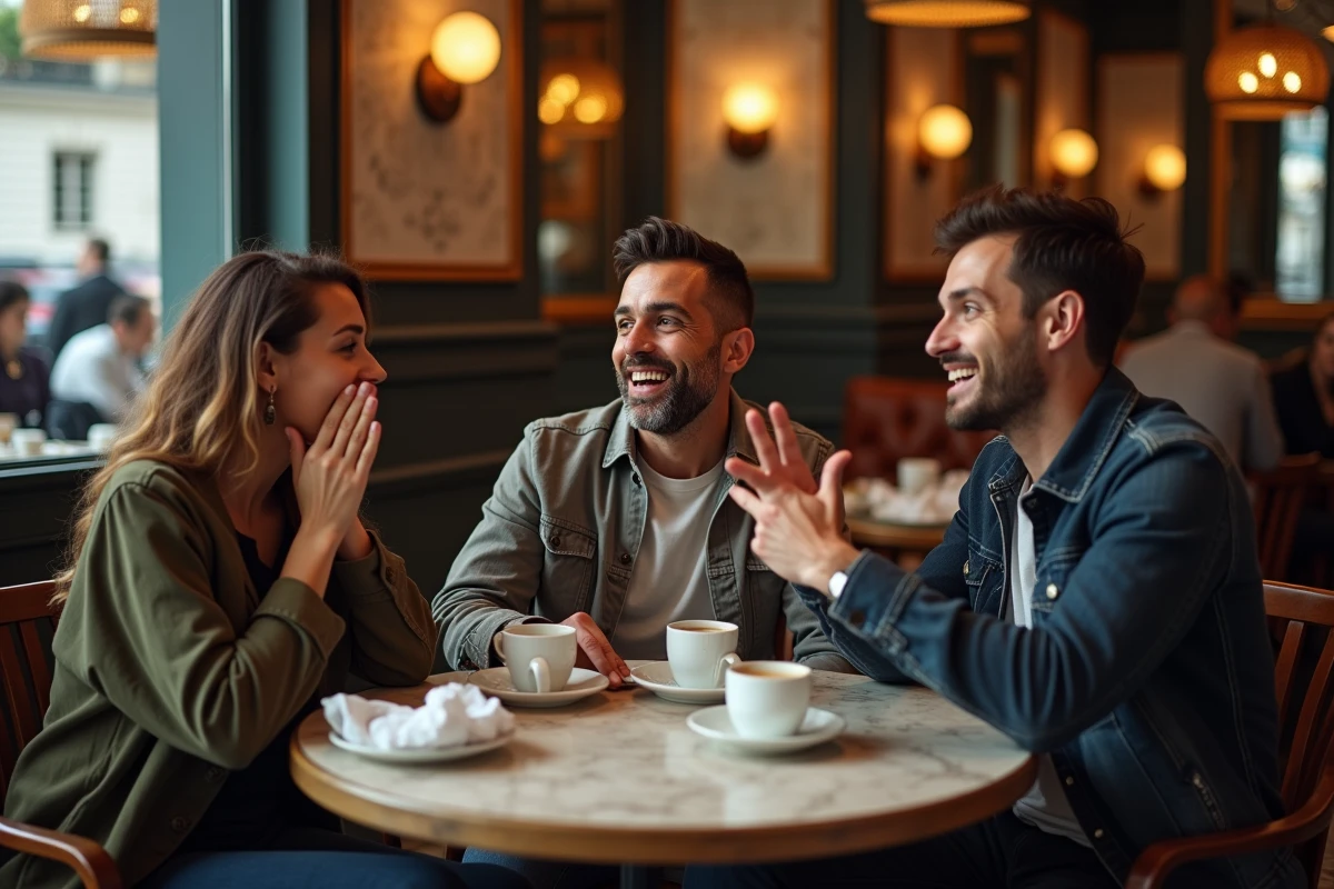 Groupe d'amis réagissant avec rires complices et expressions choquées autour d'une table de café parisien lors d'une conversation sur l'humour noir