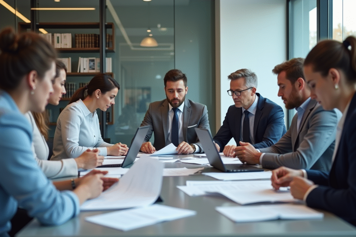 Groupe de professionnels autour d'une table en réunion