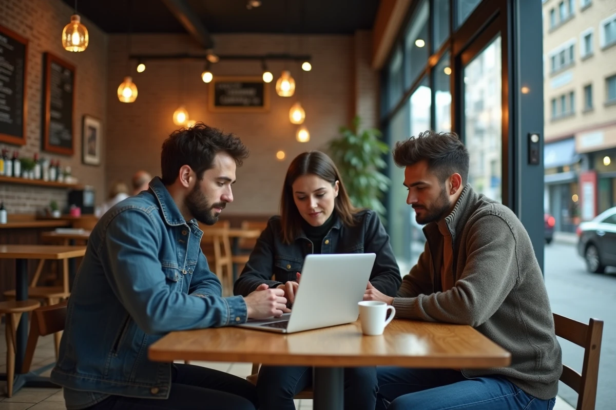 Groupe de personnes discutant de liberté d'expression en ligne autour d'un ordinateur portable dans un café, évoquant le débat autour de Crowdbunker
