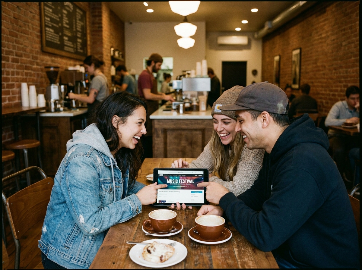 Groupe de jeunes adultes choisissant des billets de concert en ligne ensemble sur une tablette dans un café