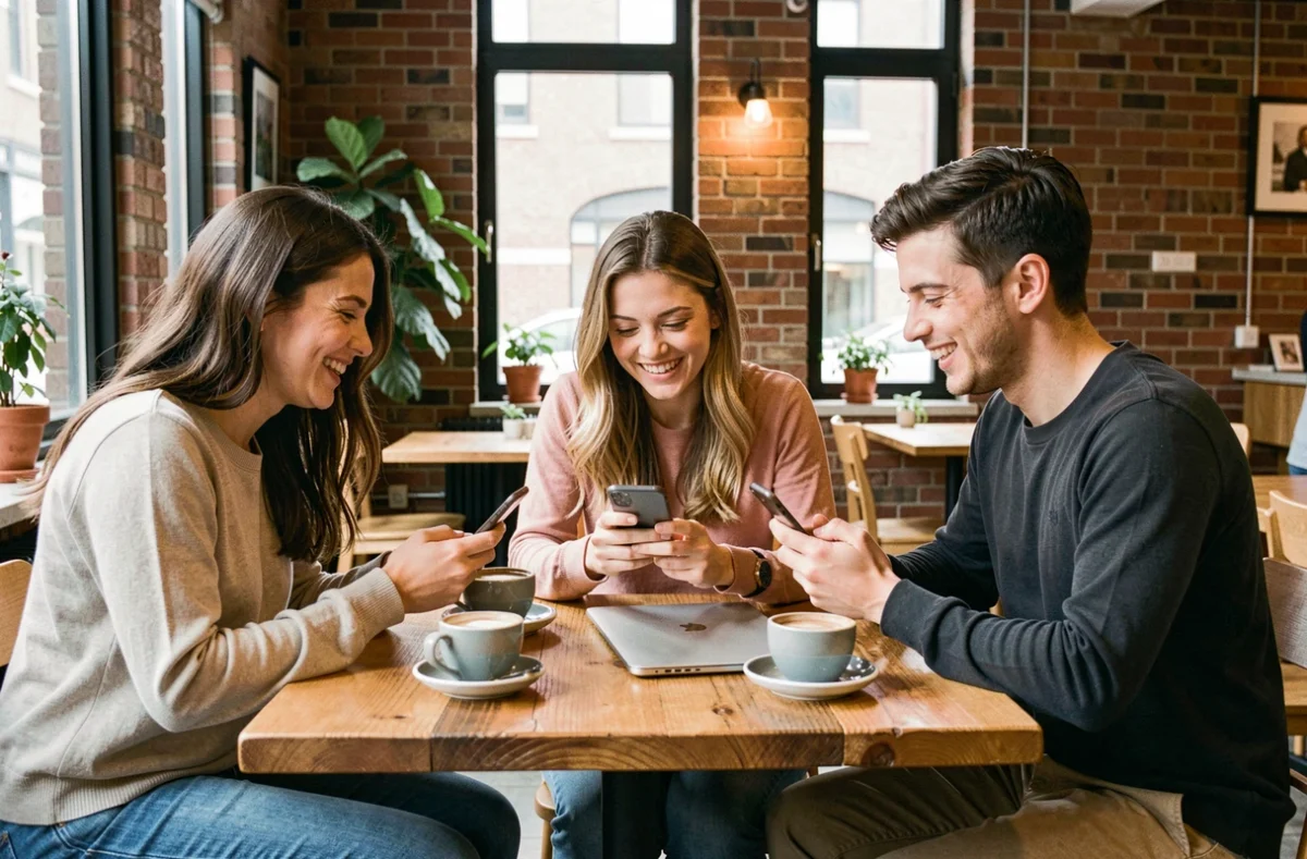 Groupe de jeunes adultes utilisant des appareils connectés dans un café moderne, évoquant la convivialité des plateformes de tchat comme NRJ