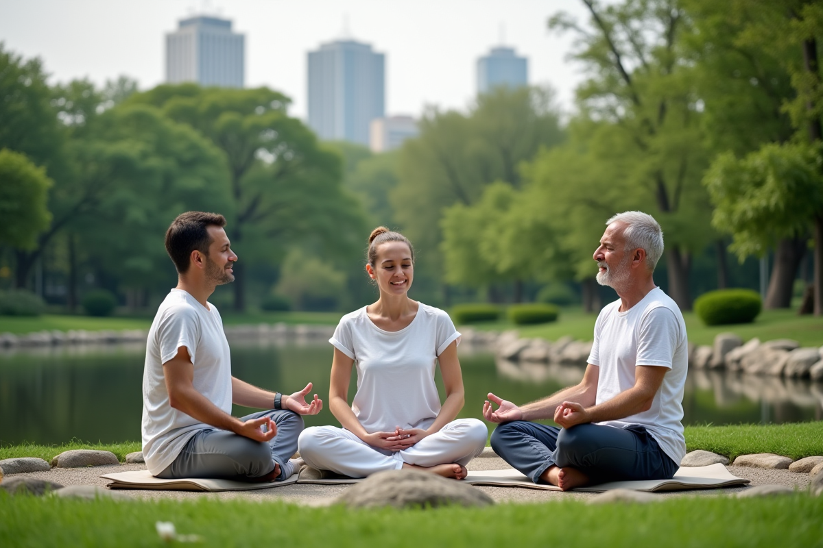 Groupe de personnes méditant dans un parc urbain
