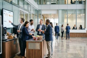 Groupe de professionnels dans un bureau moderne autour d'un snack