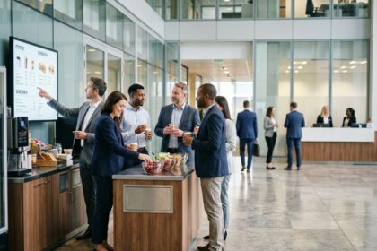 Groupe de professionnels dans un bureau moderne autour d'un snack