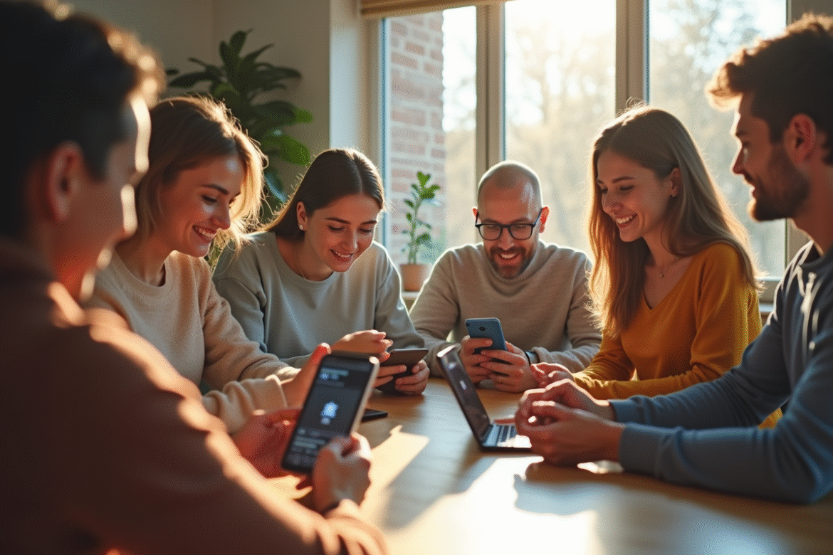 Groupe de personnes utilisant des appareils numériques en intérieur