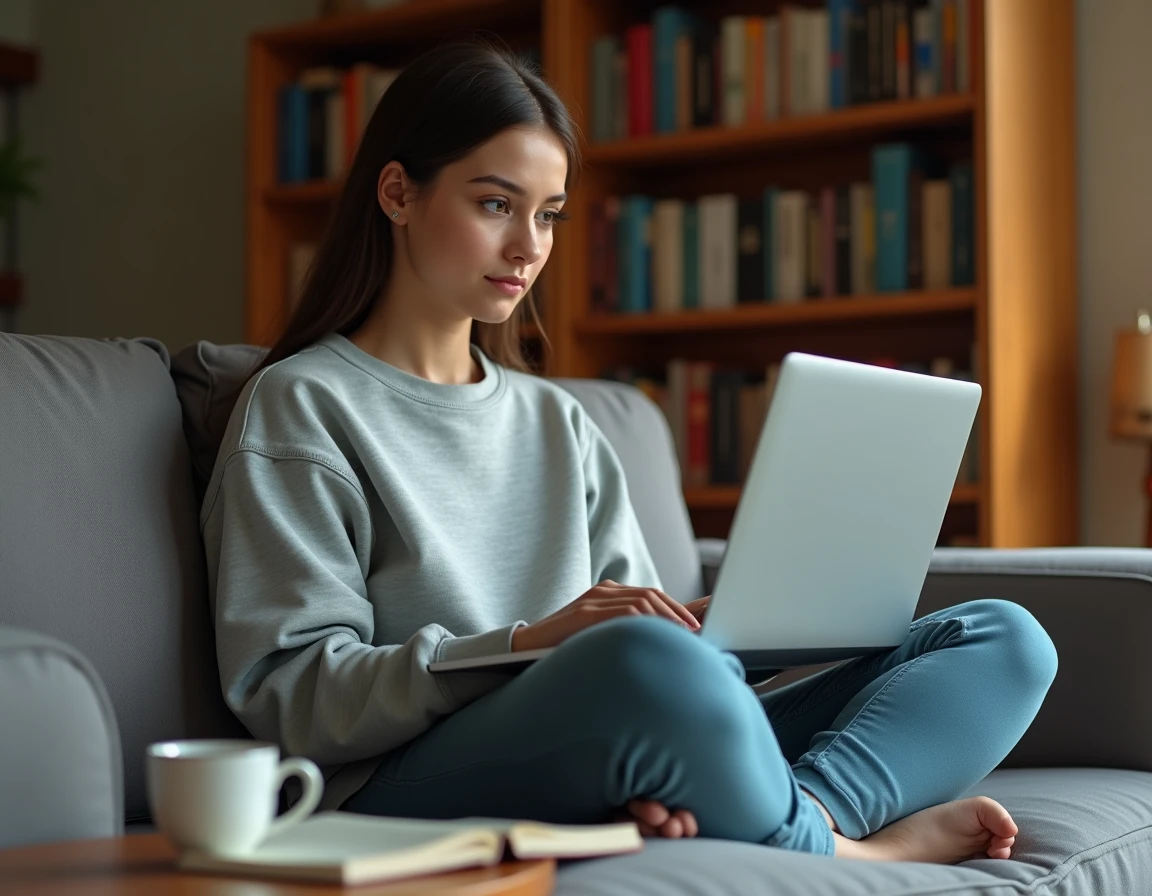 Jeune femme prenant des notes sur un guide de progression MMORPG pour optimiser son up de niveau sur Dofus, assise sur un canapé avec un ordinateur portable
