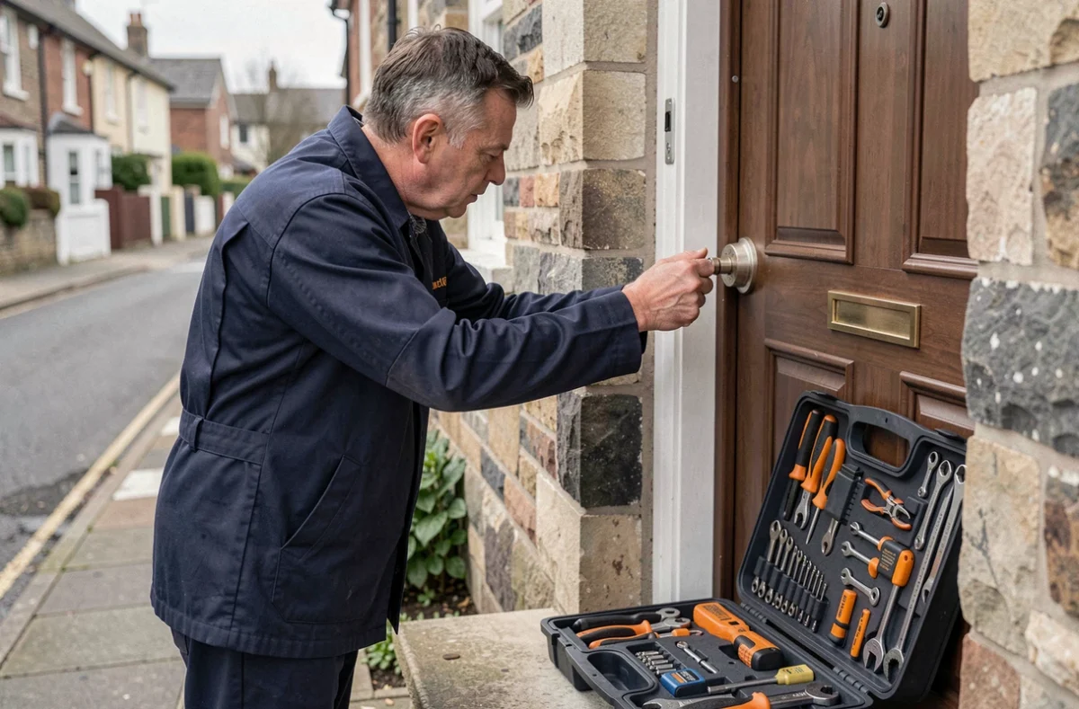 Technicien Hincelin Serrurerie inspectant un cylindre de porte sur une maison en pierre