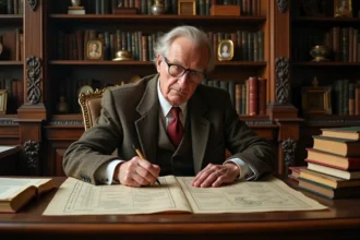 Historien français âgé dans un bureau ancien avec livres et cartes