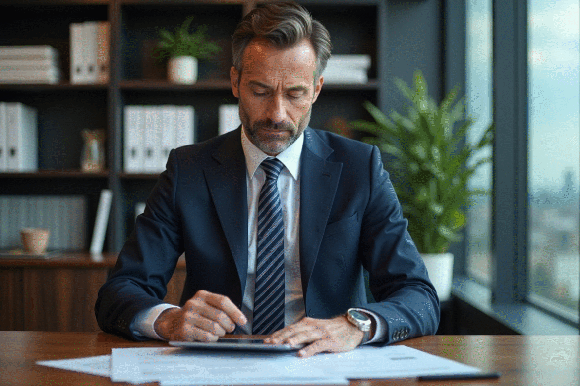 Homme d'affaires en costume navy dans un bureau moderne
