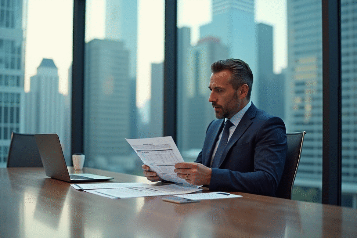 Homme d'affaires en costume bleu examinant des rapports financiers
