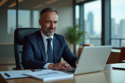 Homme d'affaires en costume navy dans un bureau moderne