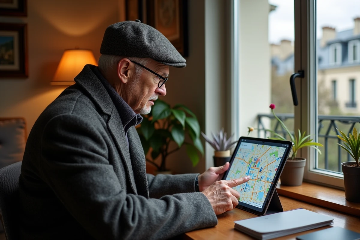 Homme âgé utilisant une tablette avec carte de Paris dans son appartement