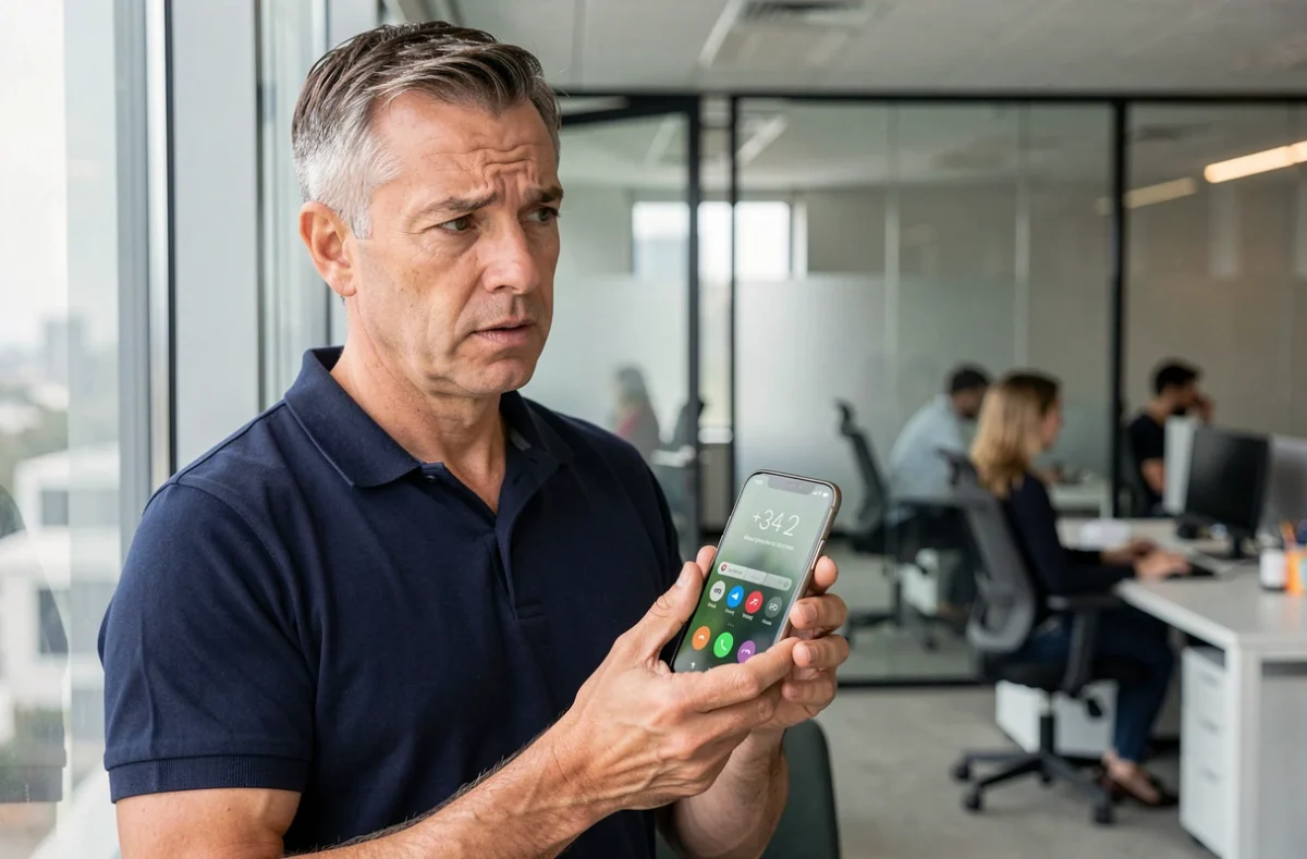 Homme regardant un appel entrant avec le préfixe international +34 affiché sur son smartphone au bureau