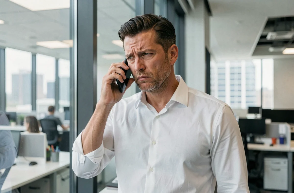 Homme d'affaires en bureau regardant son téléphone avec méfiance après un appel de harcèlement téléphonique