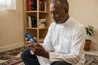 Homme consultant une application d'heures de prière sur smartphone à Roubaix, assis sur un tapis de prière dans un intérieur chaleureux