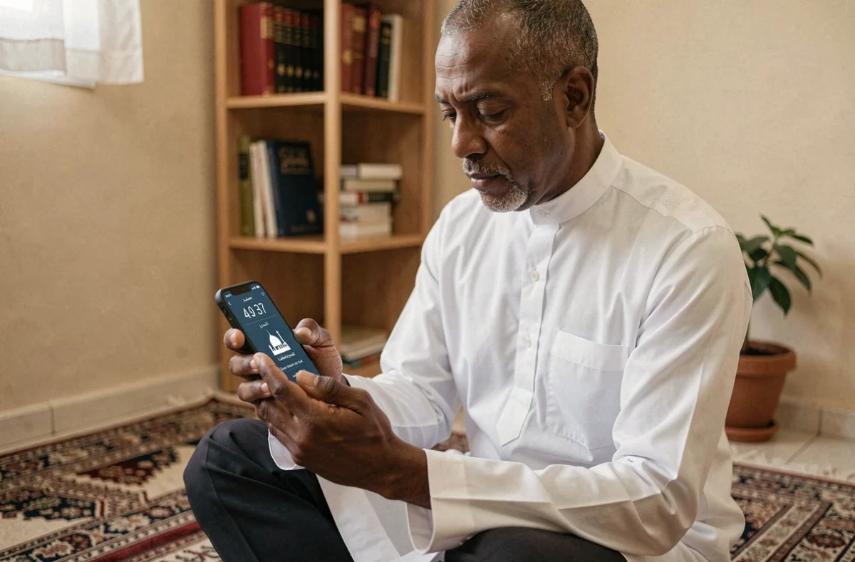Homme consultant une application d'heures de prière sur smartphone à Roubaix, assis sur un tapis de prière dans un intérieur chaleureux