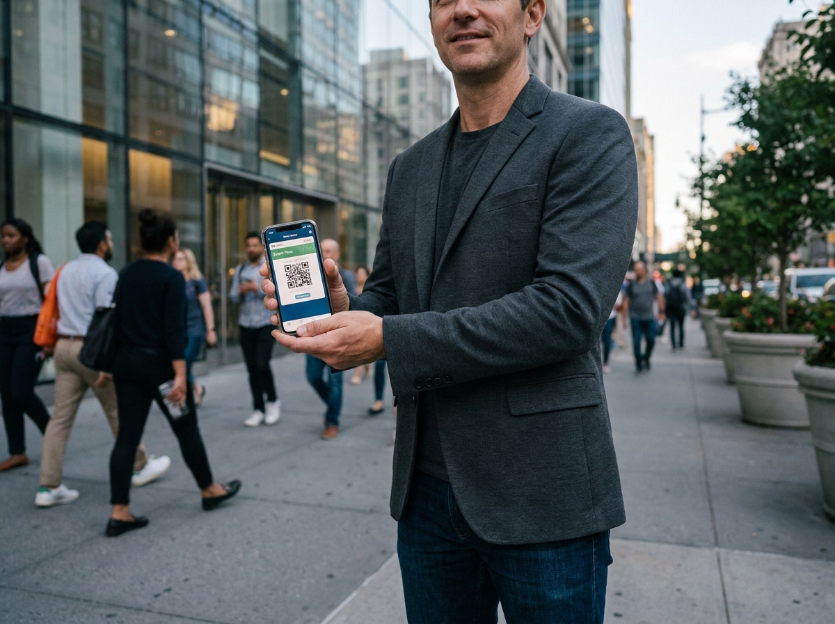 Homme utilisant une application mobile de billetterie avec QR code dans une rue urbaine animée