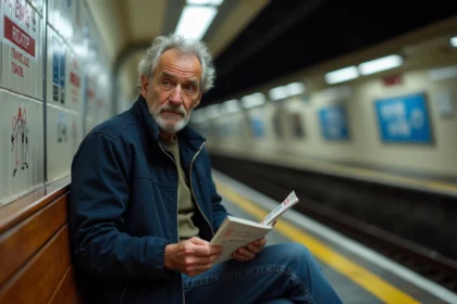 Homme d'âge moyen avec amende RATP sur un quai de métro parisien
