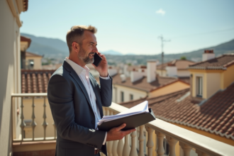 Homme d'âge moyen parlant au téléphone avec vue sur un quartier espagnol