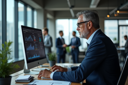 Homme d affaires en costume regardant des graphiques sur un écran
