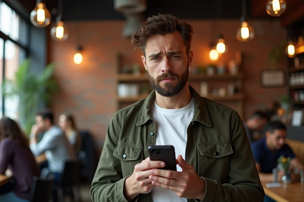 Homme dans un café urbain consultant une application de traduction sur smartphone pour comprendre le mot kayakobémé