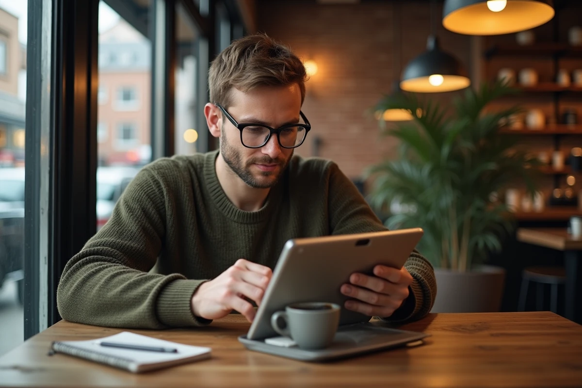 Homme explorant une tablette dans un café urbain