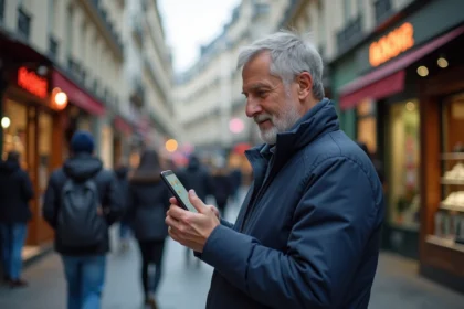 Homme consultant une carte interactive sur smartphone pour localiser un bureau de tabac à Paris
