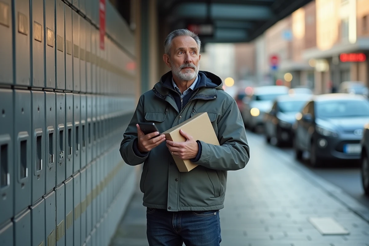 Homme avec colis devant un casier de livraison en ville