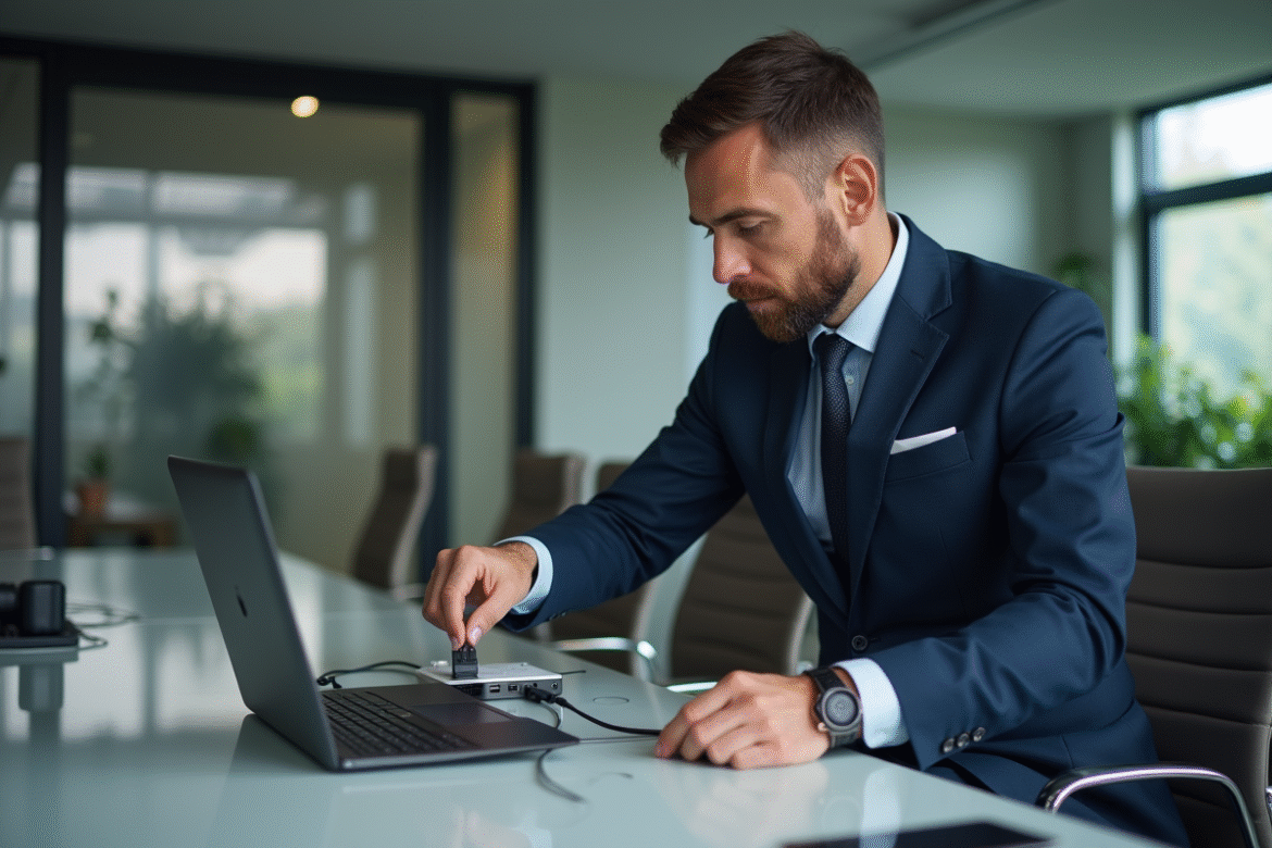 Homme d affaires connectant un projecteur HDMI en réunion