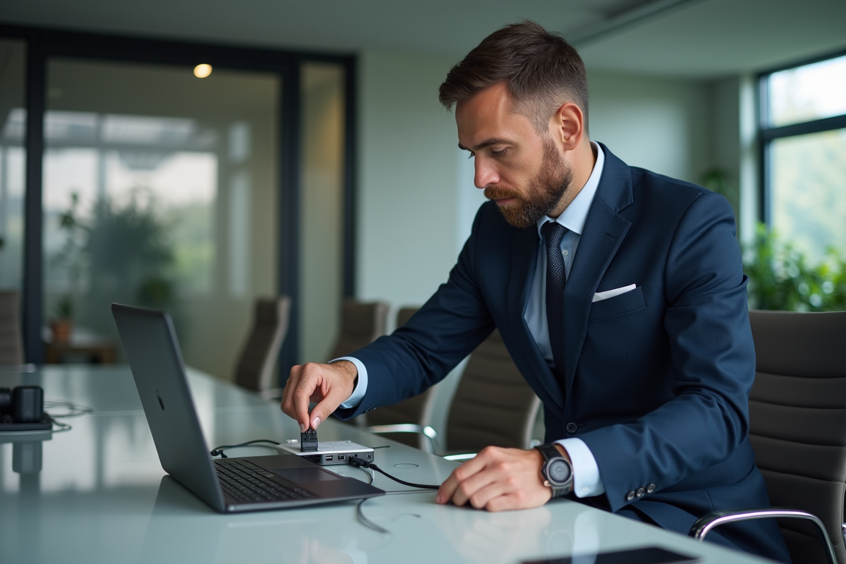 Homme d affaires connectant un projecteur HDMI en réunion