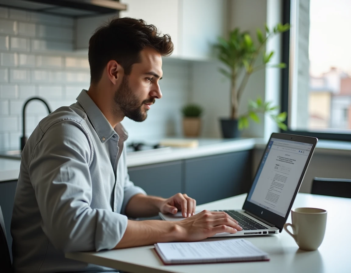 Homme consultant un site juridique sur ordinateur portable depuis son domicile pour préparer ses démarches administratives