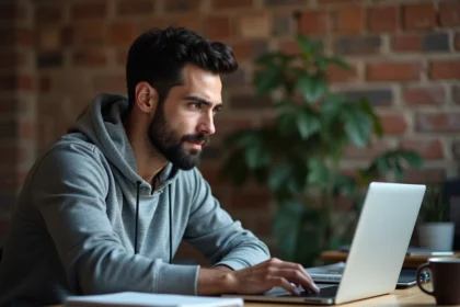 Homme consultant la plateforme Crowdbunker sur un ordinateur portable dans un bureau à domicile, illustrant la liberté d'expression numérique