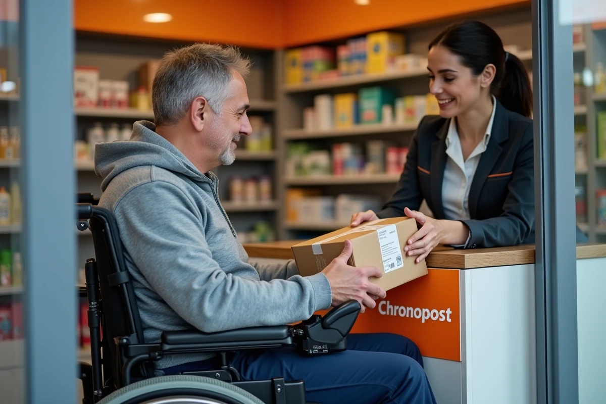 Homme en fauteuil roulant motorisé déposant un colis à un employé dans un point relais Chronopost accessible