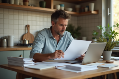 Homme français concentré sur ses papiers de taxes à la maison