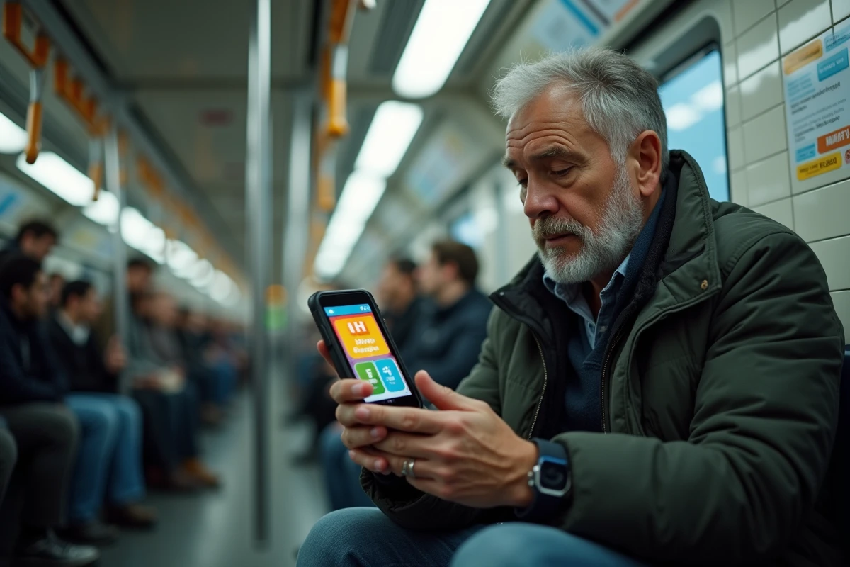 Homme jouant à un jeu de mots sur smartphone dans le métro, application de type Codycross visible à l'écran