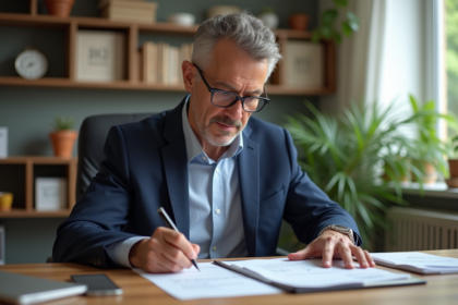Homme d'âge moyen en costume bleu lisant documents fiscaux
